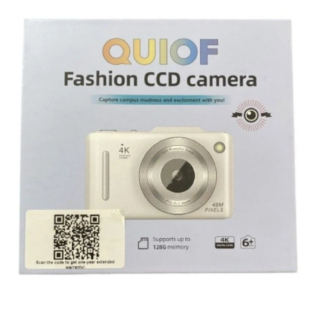 QUIOF Fashion CCD Compact Camera 48MP 4K Built-In Flash 16x Zoom White